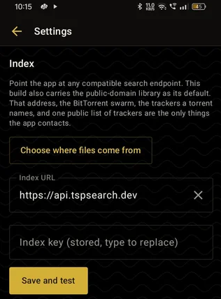 Oriole's Settings screen: the Index URL field filled with https://api.tspsearch.dev, the Index key field below it, and the Save and test button